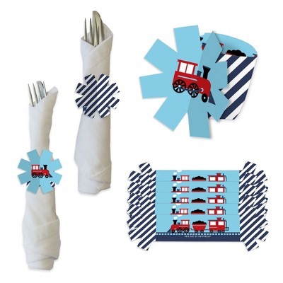 Big Dot of Happiness Railroad Party Crossing - Steam Train Birthday Party or Baby Shower Paper Napkin Holder - Napkin Rings - Set of 24