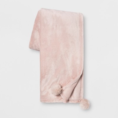 Solid Plush with Faux Fur Poms Throw Blanket Blush Opalhouse