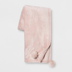 Solid Plush With Faux Fur Poms Throw Blanket Pink - Opalhouse