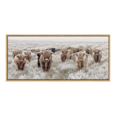 Herd of Highland Cows Natural Framed Canvas Print, 18x40