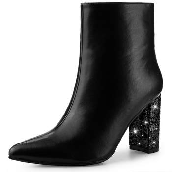 Perphy Women's Fashion Sparkly Pointy Toe Zipper Glitter Chunky Heels Ankle Boots