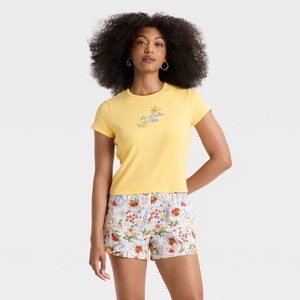 Women's "La Dolce Vita" Pointelle Short Sleeve Graphic Baby T-Shirt - Light Yellow - 1 of 3