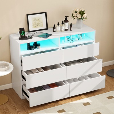 6 Drawer Dresser with LED Lights & Charging Station, Modern Chest of Drawers for Bedroom, Wide Wood Cabinet with Deep Storage