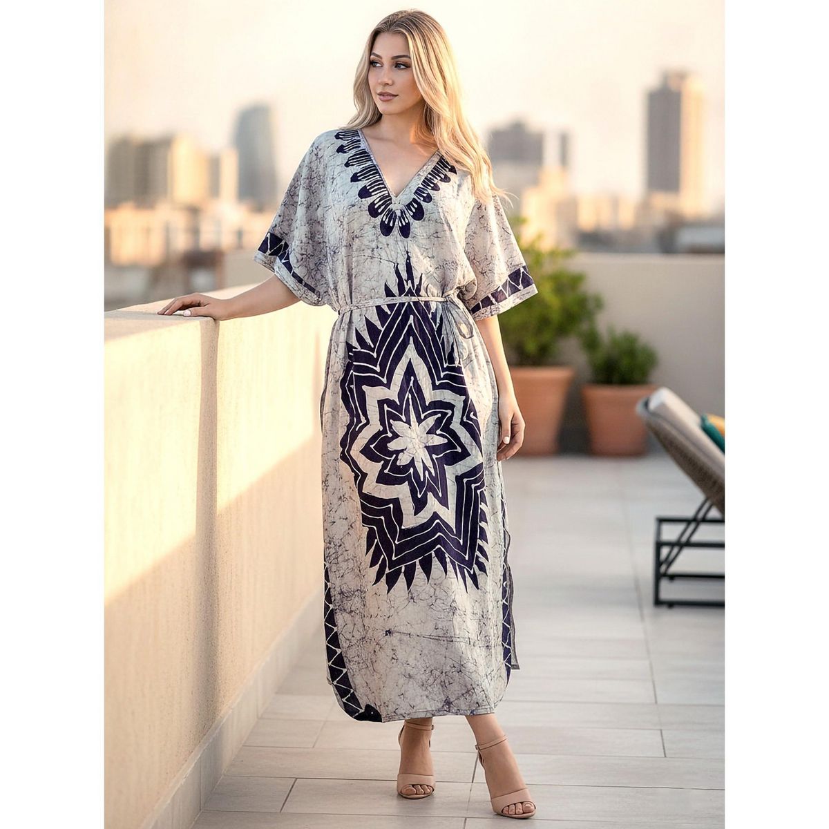 LA LEELA Summer Cotton Women Resort Lounge Caftan Dress Cruise Vacation Holiday Cover Up Travel Style 2X-3X Blue Star - thumbnail 5