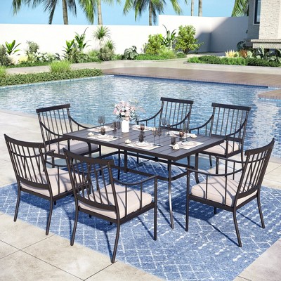 Captiva Designs 7pc Outdoor Patio Slat-top Rectangle Dining Steel Table & Foldable Arm Chairs