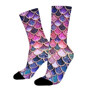 Dsane Pink Mermaid Glitter Scales Women Printed Crew Socks Funny Funky Socks Soft Polyester Novelty Gifts for Artists Men - 1 of 1