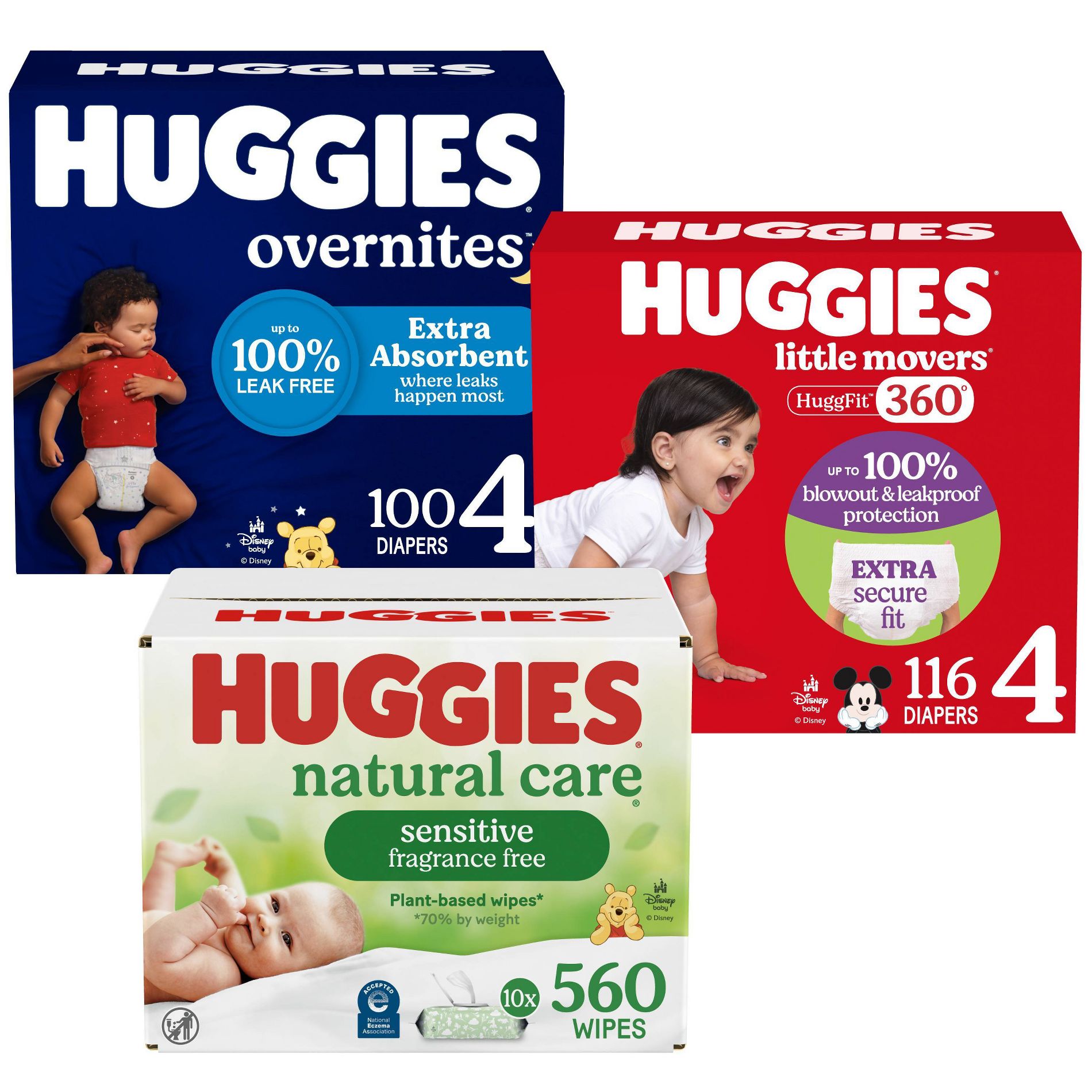 Huggies Overnites Nighttime Baby Diapers Size 4/100ct + Little Movers HuggFit 360 Pull On Diapers 116ct + Care Sensitive Unscented Baby Wipes 10 pack