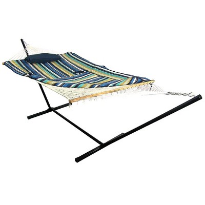 Sunnydaze Cotton Rope Patio and Backyard Hammock with Steel Stand and Quilted Pad and Pillow Set - 12' Stand - Lakeview