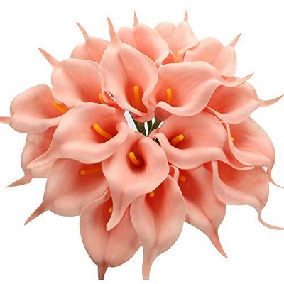 Duovlo 20pcs Calla Lily Bridal Wedding Bouquet Lataex Real Touch Artificial Flower Home Party Decor (Salmon Pink)