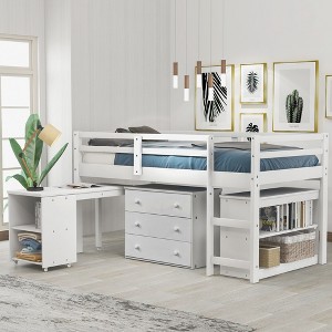 PAGED Simple Wooden Low Loft Bed Bunk Bed with Movable Desk, Twin Size Bed Frame with Storage, Ladder and Guardrail for Kids, Teens - 1 of 4