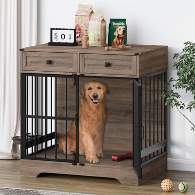 35"W Dog Kennel with Drawers, Pet Cage End Table with 2 Adjustable Bowls, Dog Crate Furniture, Brown