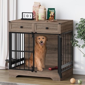 35"W Dog Kennel with Drawers, Pet Cage End Table with 2 Adjustable Bowls, Dog Crate Furniture, Brown - 1 of 4
