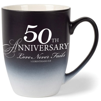 Elanze Designs 50Th Anniversary Love Never Fails 1 Corinthians 13:8 Two Toned Ombre Matte Black and White 12 ounce Ceramic Stoneware Coffee Cup Mug