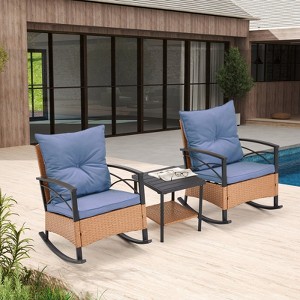 EROMMY 3-Piece Bistro Set,Outdoor PE Rattan Rocking Chairs with Cushions and Coffee Table,Patio Rocker Chair Set for Porch and Backyard - 1 of 4