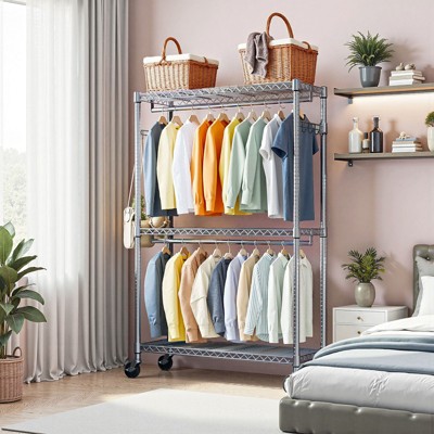 Kumasinova Heavy-Duty Rolling/Freestanding Coat Racks,Carbon Steel Coat Rack with 3-Tier Adjustable Shelves,Clothes Rack with/without Side Hooks