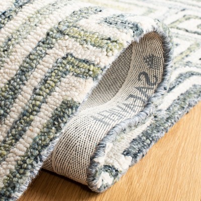 Ivory and Blue Geometric Hand-Tufted Wool Area Rug, 6' x 6'