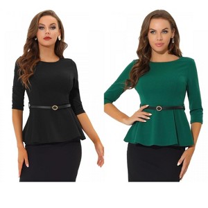 INSPIRE CHIC Women's 3/4 Sleeve Belted Elegant Business Work Peplum Top 2 Packs - 1 of 4