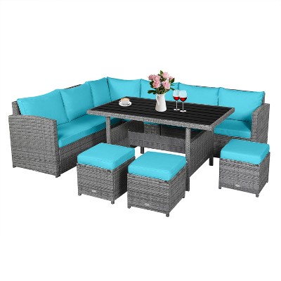 Tangkula Outdoor Wicker Coversation Set, 7 Piece, with Red/Turquoise/White/Black/Navy/Gray Cushions