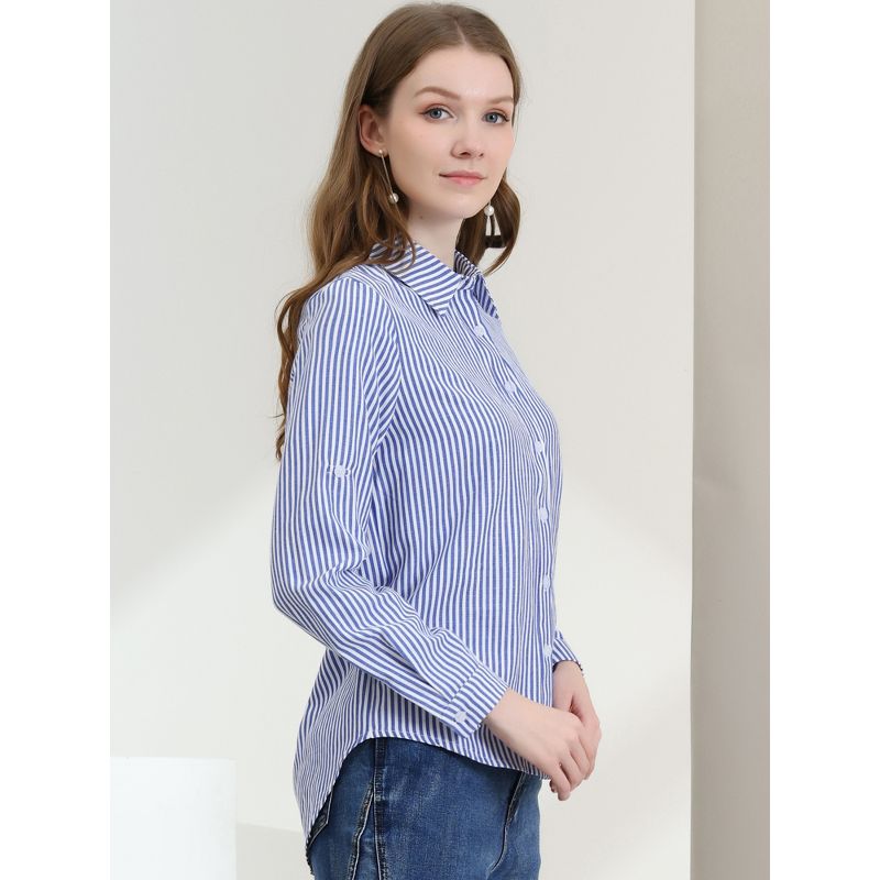 Allegra K Women's Striped Button Down Roll-up Long Sleeves Point Collar Shirt, 4 of 7