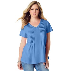 Roaman's Women's Plus Size V-Neck Pintuck Tee - 1 of 4