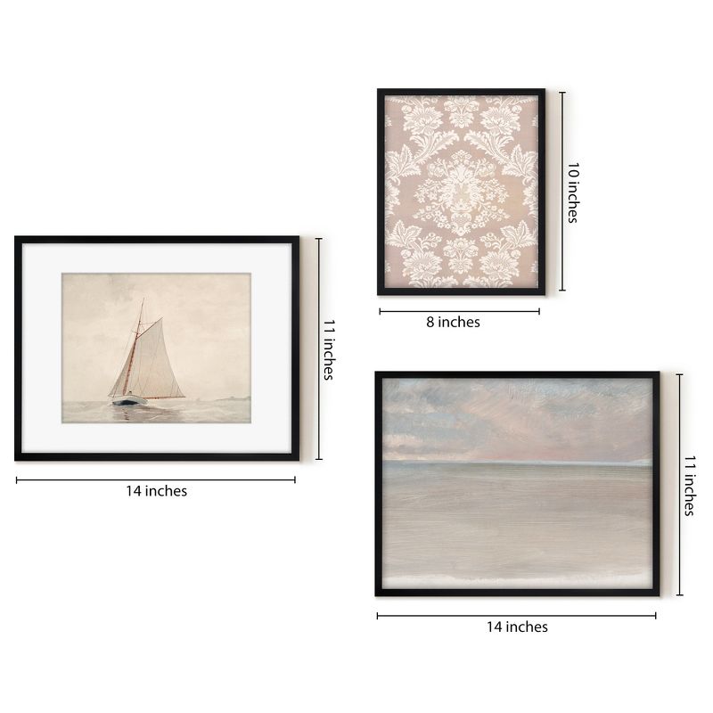 Americanflat 3 Piece Vintage Gallery Wall Art Set - Serene Seascape, Sailboat, Pink Silk Textile by Maple + Oak, 4 of 6
