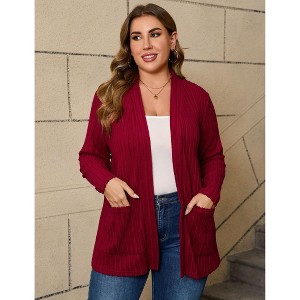 Coolmee Women's Plus Size Cardigan Shawl Long Sleeve Outerwear Lightweight Open Front Ribbed Knit Casual Cardigan Sweaters with Pockets 2XL Wine Red - 1 of 4