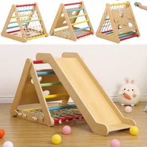 TROPOW Toddler Indoor Gym Playset, 2 in 1 Wooden Climbing Toys, 3-Sided Wooden Triangle Climber with Climbing Net,for Kids Boys Girls Indoor Gym - 1 of 4