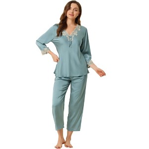 Allegra K Women’s Soft V Neck 3/4 Sleeves Lace Insert Two-Piece Pajama Sets - 1 of 4