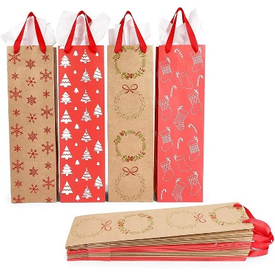 Sparkle and Bash 12 Pack Christmas Wine Gift Bags with Tissue Paper, 4 Holiday Designs