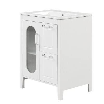 Vynxaria 24" White Bathroom Storage Cabinet with Ceramic Sink and Moru Glass Door