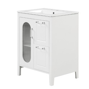 Vynxaria 24" White Bathroom Storage Cabinet with Ceramic Sink and Moru Glass Door - 1 of 4