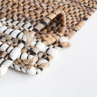 Vintage Light Brown and Ivory Leather Striped Square Rug