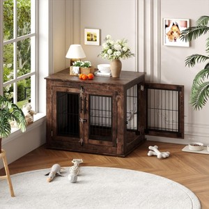 Farmhouse Dog Crate Furniture End Table ， Indoor Dog House Furniture Console，Wooden Kennel Cabinet with Double Doors for Small/Medium Dogs - 1 of 4