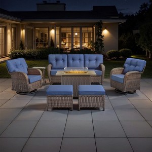 Belord Outdoor Wicker Patio Furniture Set with 41" Propane Fire Pit Table, Swivel Patio Chairs Set with Sofa Couch, Fire Pit Table and Ottoman - 1 of 4