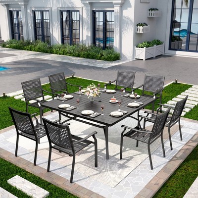 Captiva Designs 9pc Spacious Slat-top Square Metal Table & Steel Stackable Chairs with Bull's Eye Pattern