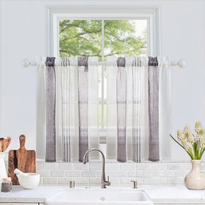 Vertical Stripe Linen Textured Voile Sheer Short Kitchen Cafe Curtains for Small Windows