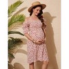 Women's Maternity Dress Square Neck Smocked Waist Puff Sleeve Floral Print Casual Midi Dress - 2 of 4