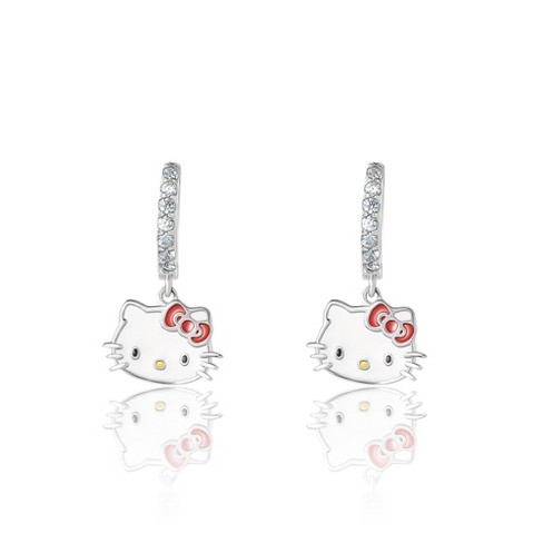 Hello Kitty Boucles d'oreilles en argent sterling 925 en forme de cœur  émaillé rose Blanc, Argent