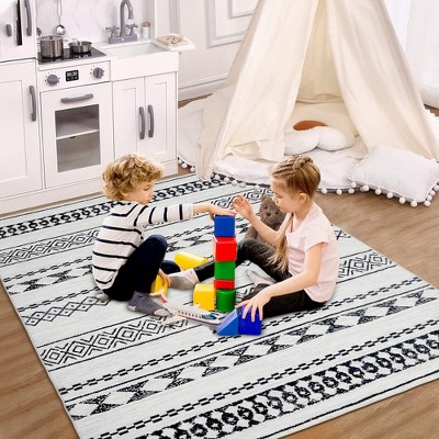 Moroccan Area Rug Washable Rug Soft Non Slip Low Pile Printed Geometric Trellis Rugs for Bedroom Living Room, 5' x 7' Black White