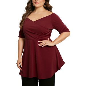 Agnes Orinda Women's Plus Size Regular Fit V Neck Wrap Short Sleeve Casual Peplum Blouses - 1 of 4