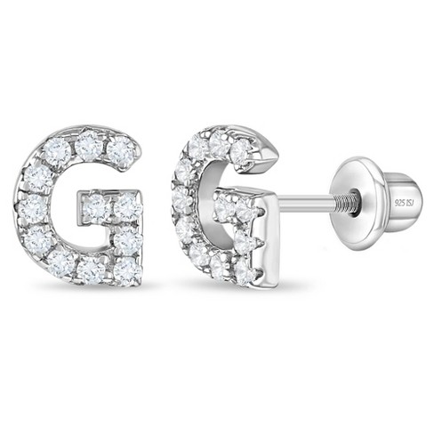 Girls' Cubic Zirconia Letter Initial Screw Back Sterling Silver Earrings -  G - In Season Jewelry