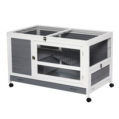 PawHut Wooden Rabbit Hutch Bunny House Elevated Pet Cage Small Animal Guinea Pig Habitat with Slide-out Tray Lockable Door Openable Top Grey