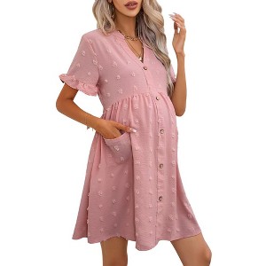 Maternity Swiss Dot Dress Summer V Neck Short Sleeve Button Down Mini Dress Baby Shower Photoshoot with Pockets - 1 of 4