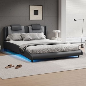NicBex Upholstered Bed Frame with LED Lights and Adjustable Faux Leather Headboard,Wave Like Curve Low Profile Bed,No Box Spring Needed,Gray/Black - 1 of 4