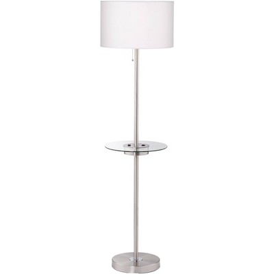 360 Lighting Modern Floor Lamp with USB and AC Power Outlet on Table Glass 60.5" Tall Satin Steel White Fabric Drum Shade for Living Room