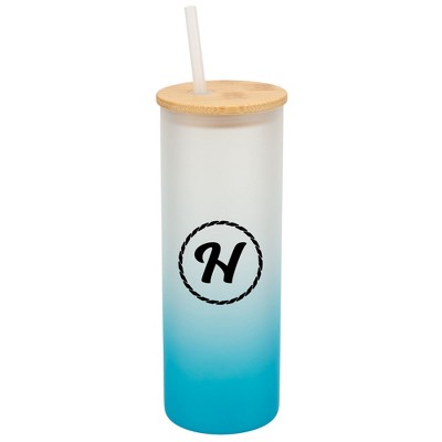 Elanze Designs H Monogram Letter Initial Rope Circle Wrap-Around Design 25 Ounce Frosted Gradient Glass On-The-Go Coffee Travel Skinny Tumbler Mug