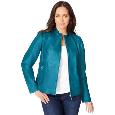 Jessica London Women s Plus Size Zip Front Leather Jacket 28 W Deep Teal Target