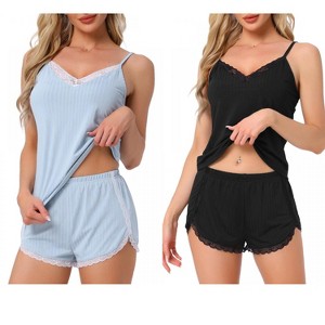 INSPIRE CHIC Women's 2 Pcs Ribbed Knit Lace-Trim V-Neck Cami Top with Shorts Sleeveless Pajama Sets - 1 of 4