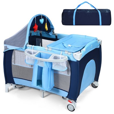 Image of Costway Foldable Baby Crib Playpen Travel Infant Flat Bassinet Bed Mosquito Net Music with Bag Blue