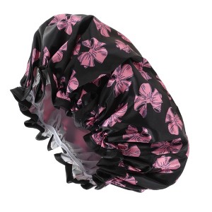 Unique Bargains Women Double Layer Bows Shower Cap Black Pink 1 Pc - 1 of 3